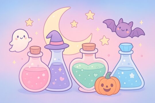 Cute pastel halloween potion bottles in soft dreamy tones Whimsical magical elixir illustrations for halloween decor Pastel kawaii potion bottle designs for stationery and digital art