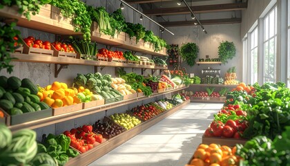 Sunlit produce market interior, showcasing abundant fresh fruits and vegetables on wooden shelves