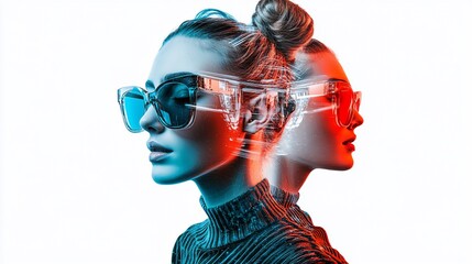 Two women face different ways wearing large sunglasses in a white and colored gradient