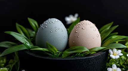 Two speckled eggs rest in a nest of green leaves
