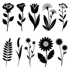 Elegant Black and White Flower Silhouettes Set for Floral Designs and Botanical Illustrations Vector Graphics