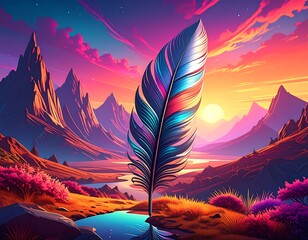 Vibrant sunset over majestic mountains, a colorful feather rests in a tranquil stream