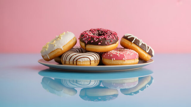 A plate of assorted colorful donuts with various toppings on a reflective surface against a pink background - Powered by Adobe