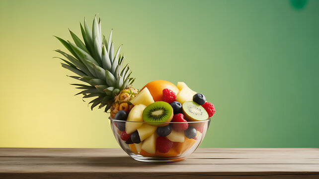 A glass bowl filled with assorted fresh fruits including pineapple, kiwi, berries, and orange slices on a wooden surface against a green and yellow gradient background. - Powered by Adobe