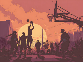 Silhouette basketball players at sunset Dynamic streetball scene against a vibrant sky, urban sport