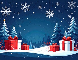 Snowy winter landscape with gifts