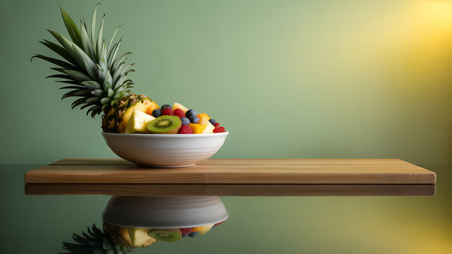 A bowl of assorted fresh fruits including pineapple, kiwi, berries, and grapes on a wooden surface with a reflective background. - Powered by Adobe