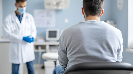 Obraz premium Patient at doctor's office: Back view of patient seated in examination room, with physician in lab coat and face mask in background, awaiting consultation.