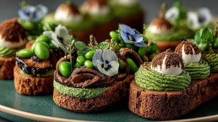 Several small open sandwiches with various toppings displayed on a plate.