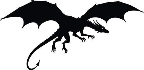 Majestic flying dragon silhouette, fantasy mythical creature, legendary beast with wings, powerful reptile figure, medieval monster design, dark shadow illustration