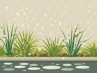 Vector illustration of a rainy day street, where fresh green grass grows next to a wet pavement