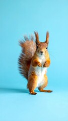 Red squirrel against a bright blue backdrop