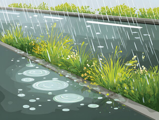 Vector illustration of a rainy day street with puddles and grass, a wet urban scene in the rain