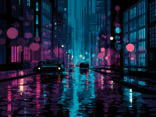 A rainy night in the city A neon-lit street scene with cars reflecting the city lights, digital illustration
