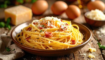A plate of creamy, flavorful pasta with a runny egg yolk, topped with parmesan cheese and crispy pancetta