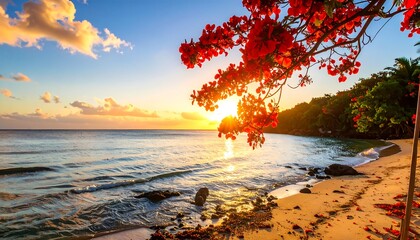 Vibrant sunset over tranquil beach, red flowers framing the sun