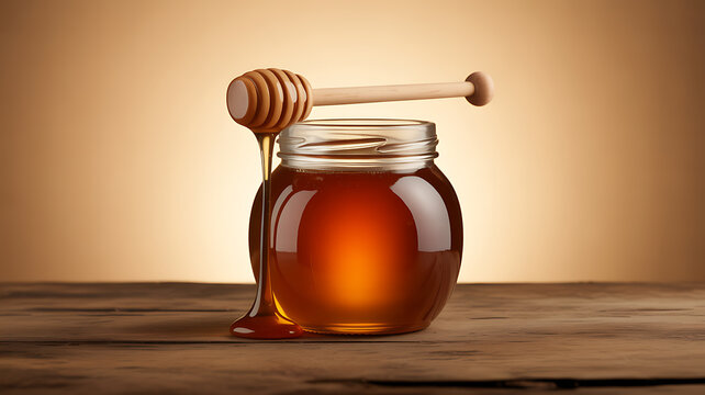 A jar of honey with a wooden dipper drizzling honey onto a rustic wooden surface - Powered by Adobe