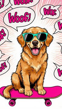 A cool golden retriever wearing sunglasses sits on a pink skateboard, tongue out and smiling, surrounded by "WOOF!" speech bubbles against a white background.