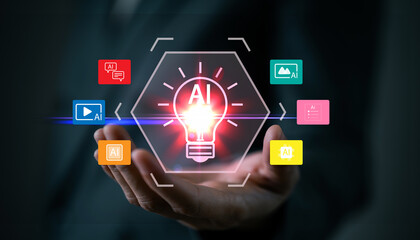 Creative AI innovation concept with glowing lightbulb and colorful icons video, chat, code, image and processor. Symbol of artificial intelligence technology and smart tools.