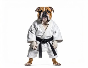 Bulldog in a white karate uniform