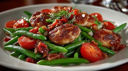 A plate of food with scallops green beans and tomatoes.