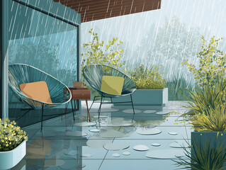 Vector illustration of a rainy summer day, showcasing an outdoor patio with chairs and plants, gentle rain