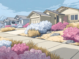 Vector illustration of a residential cul-de-sac with colorful landscaping and houses