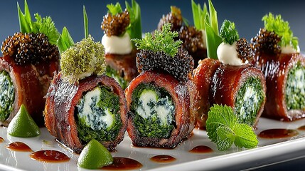 Appetizing meat rolls filled with greens and topped with garnish on plate.