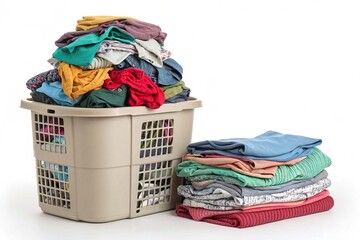 A laundry basket with clothes in it and a laundry basket on top of it on white background