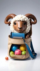 A ram figurine, in a bag, holds books and balls