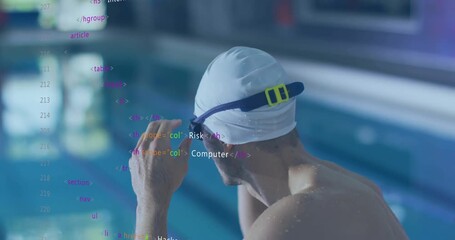Mid-adult male swimmer reaching poolside adjusting goggles for dive with cybersecurity code overlay - Powered by Adobe
