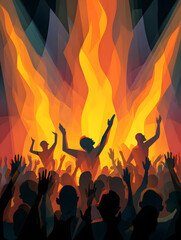 Vector illustration of a rock-style stage show with a crowd and stage lighting, a lively event!