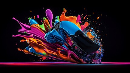 Vibrant, colorful paint splashes around a dark shoe against a black background