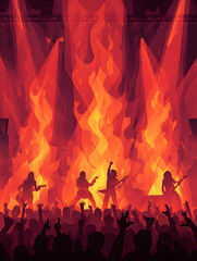 A Thrilling Concert Experience Rock Band Performance Under Fiery Stage Lights, Energetic Crowd