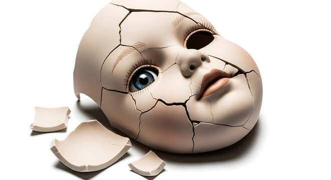 Broken porcelain doll face with cracked details and missing eye isolated on white background