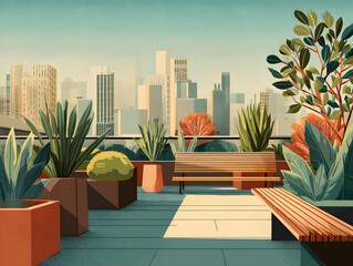 Vector illustration of a rooftop garden overlooking a city skyline, creating a green oasis and urban escape