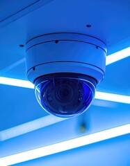 Close-up of security camera in blue light