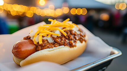 A loaded hot dog with chili, shredded cheddar cheese, and diced onions sits on a white paper liner, with warm bokeh lights adding ambiance to the outdoor setting.