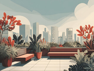 Urban Oasis Vector Illustration of a Rooftop Garden Overlooking the City Skyline, a place of nature and escape