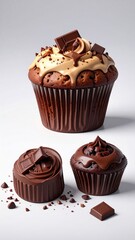 Two delectable cupcakes, one light brown, one dark brown, adorned with chocolate chips and frosting