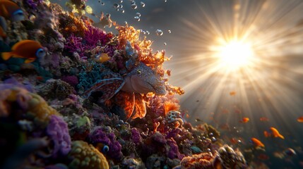 Vibrant underwater scene, colorful coral reef, fish, sun rays penetrating water, bubbles ascending