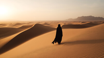 Desert Journey: A solitary figure in a black robe walks across undulating sand dunes at sunset. Serene, vast, and mysterious landscape.