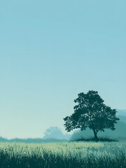 Serene Landscape Depicting a Lone Tree in a Tranquil Field, Evoking Peace and Solitude in Nature