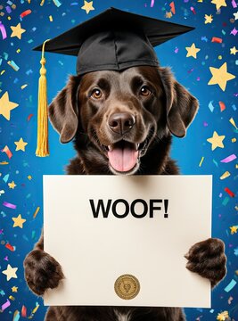 A happy chocolate Labrador wearing a graduation cap proudly holds a diploma reading &ldquo;WOOF!&rdquo; against a festive blue background with stars and confetti.