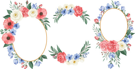 Watercolor floral wreath frames with roses and greenery on transparent background