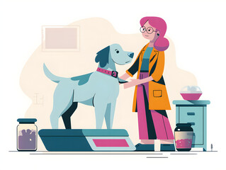 Veterinarian weighing a dog in an office setting, an illustration for pet healthcare and wellbeing