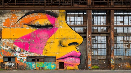 Vibrant mural of a woman's face adorns a weathered industrial building.  Colorful abstract design contrasts with the decaying structure, showing a blend of art and urban decay