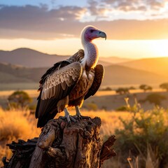 Vulture perched on a tree stump at sunrise