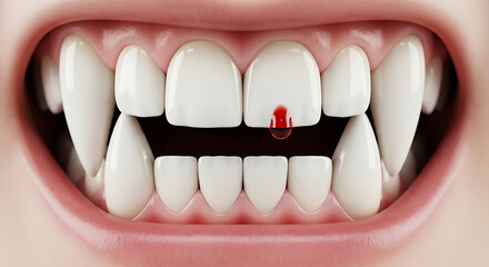 Close up of human mouth with sharp vampire fangs showing small drop of blood on a tooth creating a scary horror concept