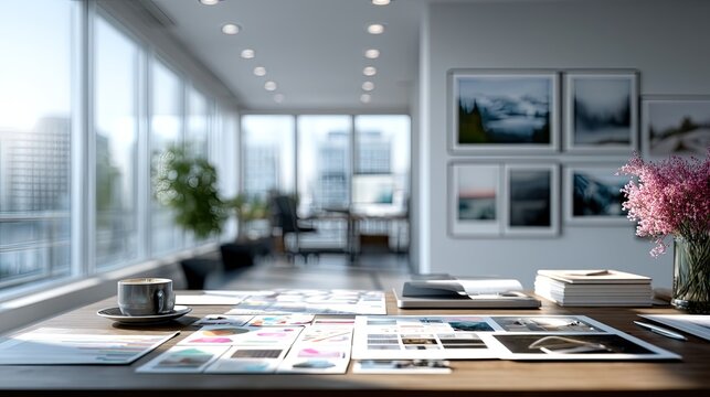 Bright Modern Office Workspace with City View and Desk Clutter, Prints on Wall and a Cup of Coffee, Interior Design and Cinematic Lighting Style